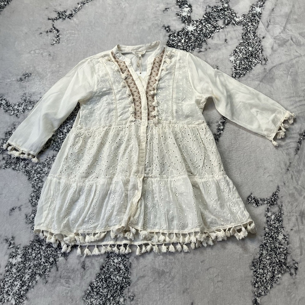 Crescent‎ Bay Dress Womens L Eyelet Tunic embroidered trim tassels Chic Boho